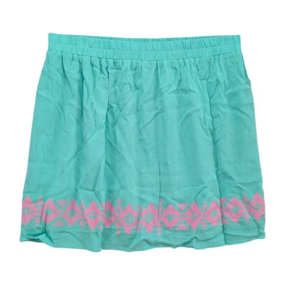 Buttons Mini Skirt Teal Green Pink Printed Pleated Lightweight Pull On Size M - Picture 2 of 7